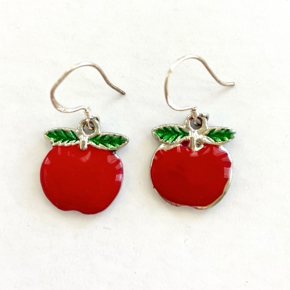🍎 Cute Red Lacquer Apple Charm Dangle Earrings - Picture 4 of 6